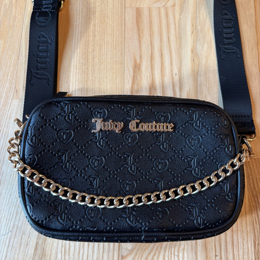 Juicy Couture Black Leather Crossbody Purse Bag Gold Chain Y2K 2000s